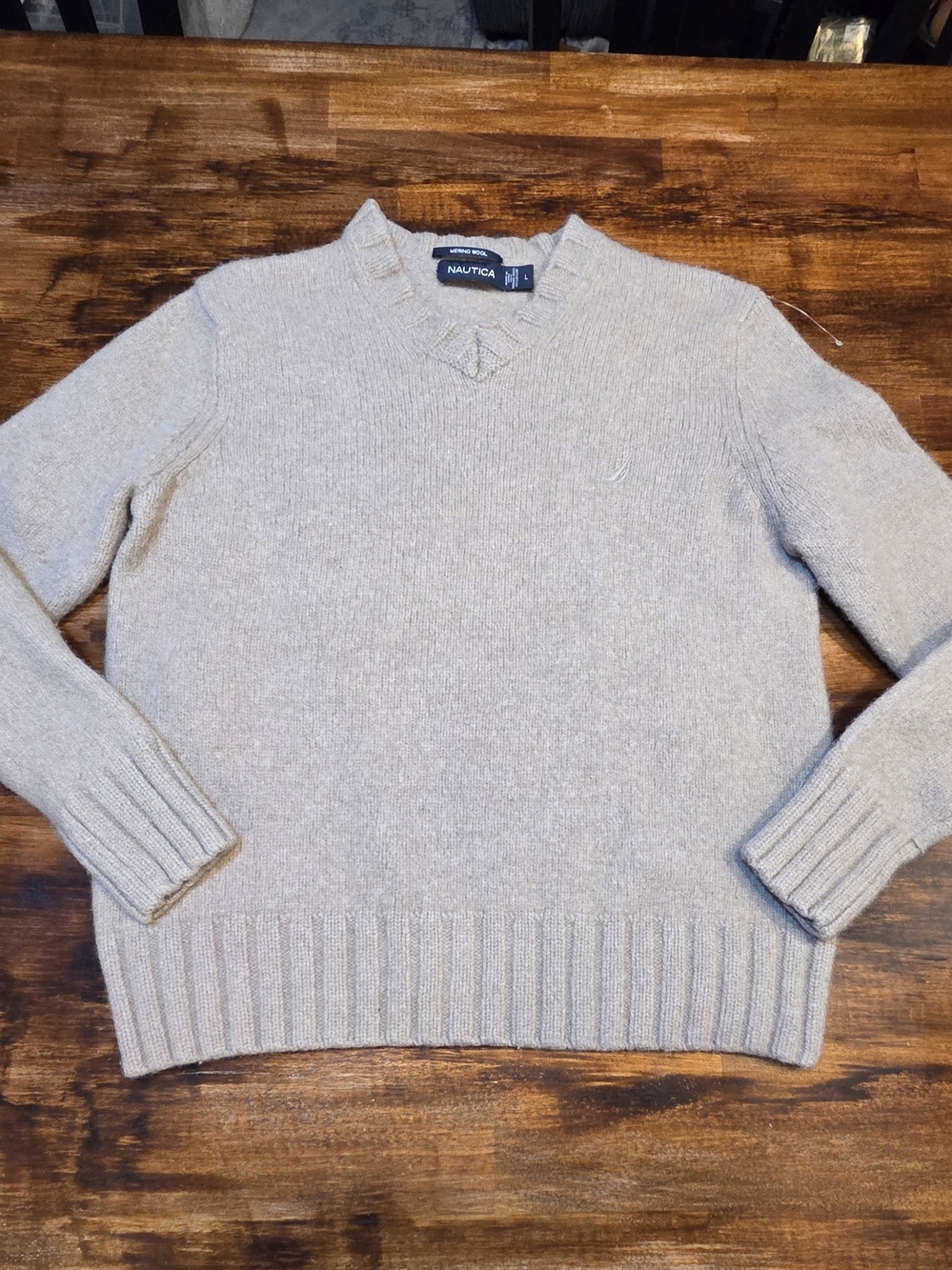 Nautica Men’s Merino Wool Blend Knitted Long Sleeve Beige Sweater Size S Preppy